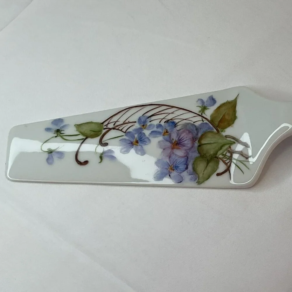 Vintage S Tessenyi Hand Painted Porcelain Cake Pie Server Floral 10” Cottagecore